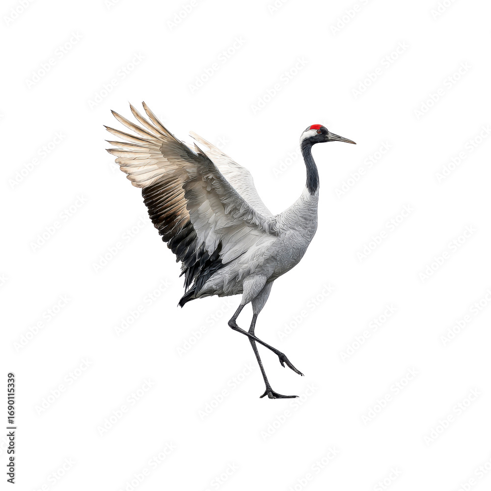 Fototapeta premium Red-crowned Crane in Flight, Isolated on Black Background