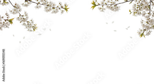 Branches of a cherry blossom tree with delicate white flowers and falling petals, set against a transparent background, symbolizing spring and renewal