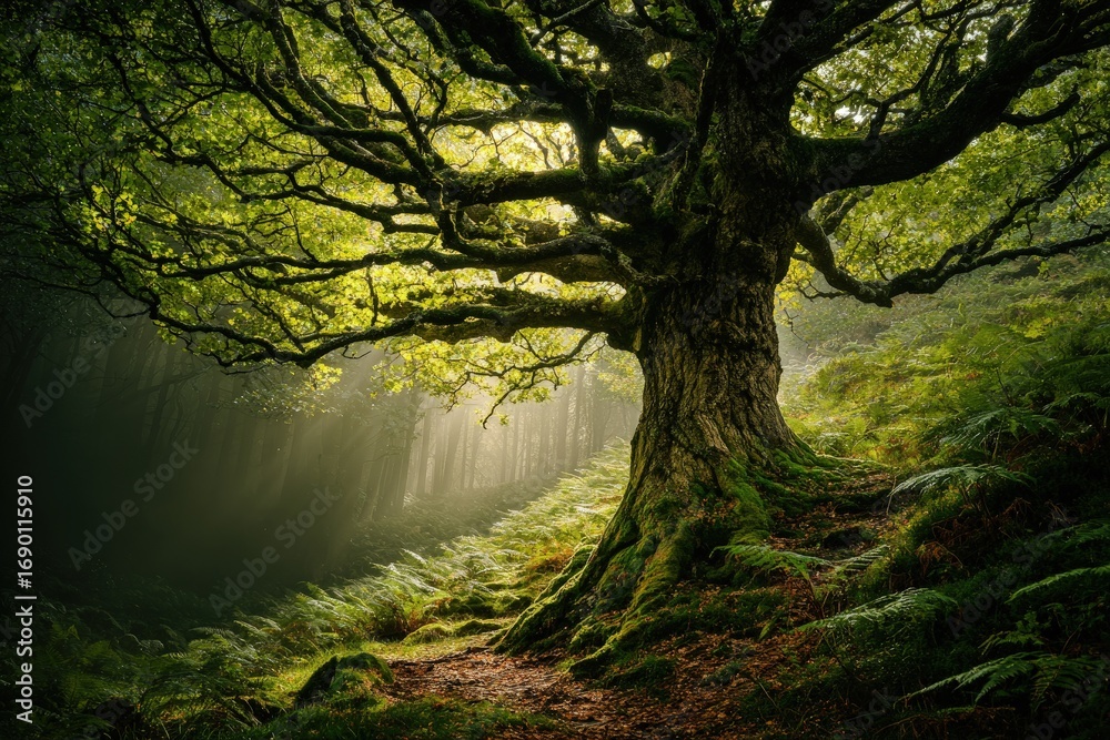 Obraz premium Massive Ancient Tree In Sunlight Drenched Forest