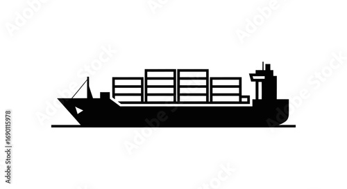 Black Silhouette of a Large Container Ship Carrying Cargo.