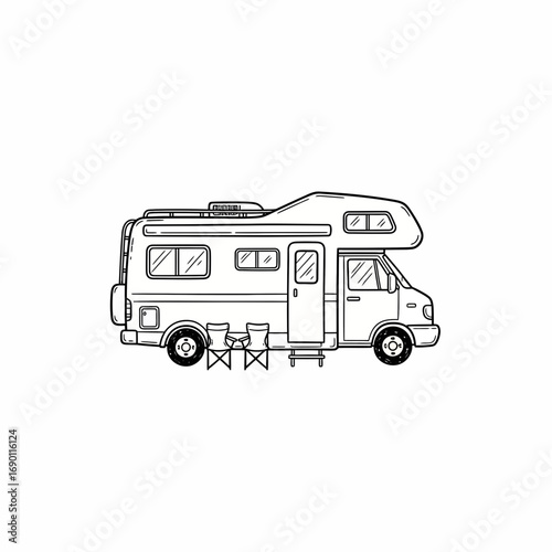 Line drawing of a motorhome, parked, with folding chairs.