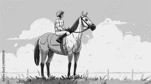競馬場での騎手と馬のイラスト