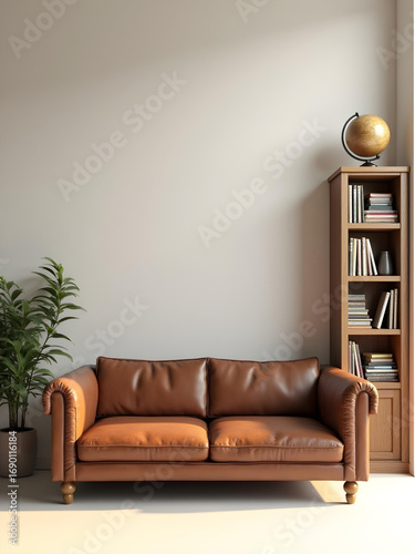 Modern Living Room Interior Design with Brown Leather Sofa and Bookshelf