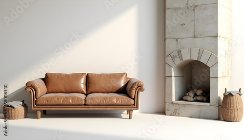 Cozy Living Room with Brown Leather Sofa and Stone Fireplace