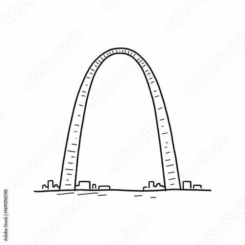 A simple black and white illustration of the Gateway Arch monument.