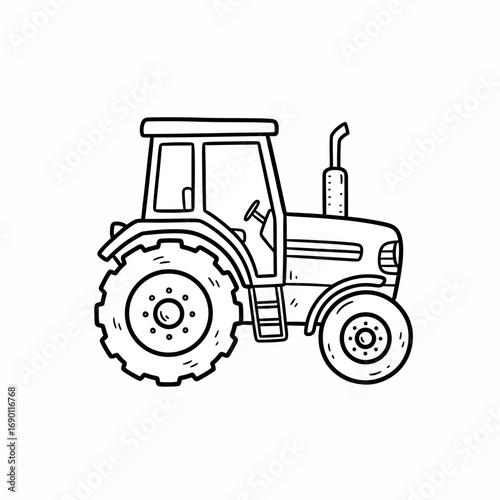 Simple black and white line drawing of a farm tractor.