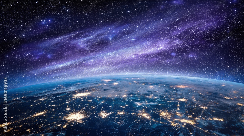 Fototapeta premium Earth At Night From Space With Stars And Galaxy