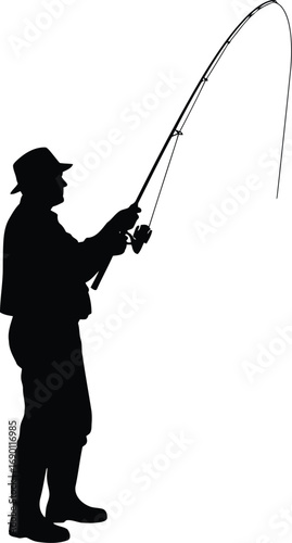 Silhouette of a fisherman casting a fishing rod outdoors recreational activity hobby vector