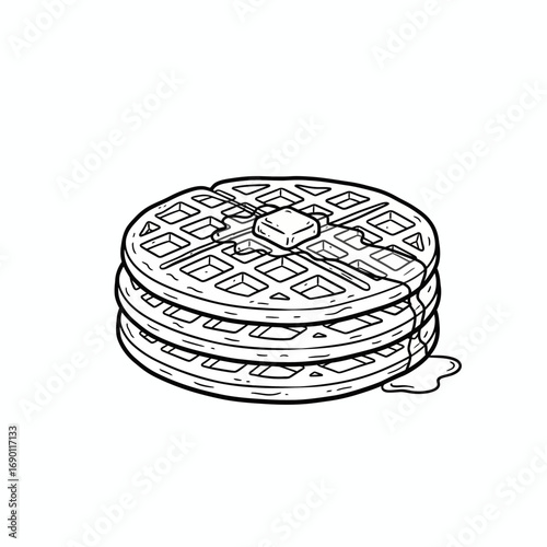 A stack of three waffles with a pat of butter and syrup dripping down the side.
