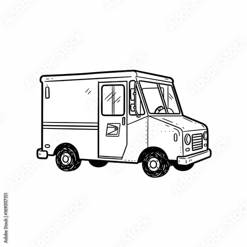 A black and white line art illustration of a postal service delivery truck, shown in a side view.