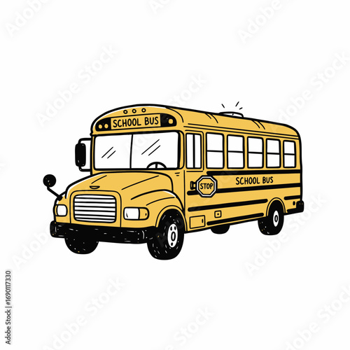 A yellow school bus illustration, depicting a vehicle for student transportation with details.