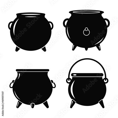 Collection of four vintage style black cauldron pots with handles and legs in silhouette