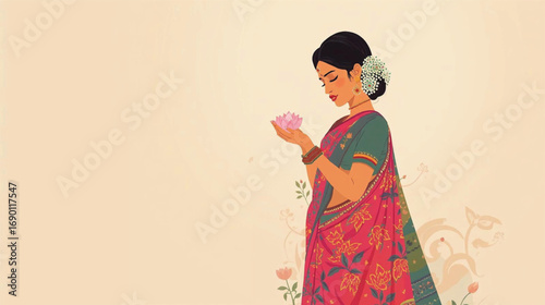 Elegant Indian woman in colorful sari holding lotus, spiritual and cultural heritage vector illustration, Ai generate 