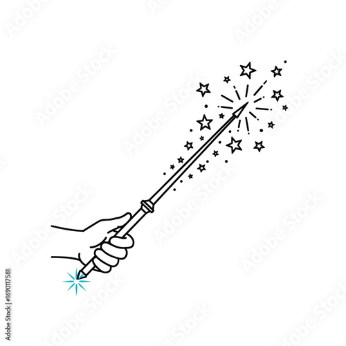 A hand holding a magic wand emitting sparkling stars and light bursts illustrating fantasy and enchantment