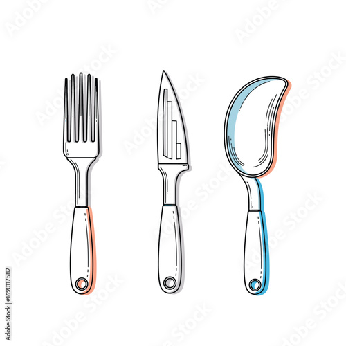 An artistic rendering of a fork a knife and a spoon presented in a stylized manner
