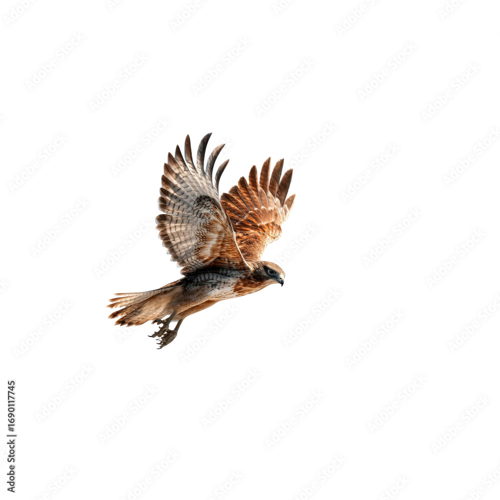 Fototapeta premium Majestic Brown Hawk in Flight Against Black Background