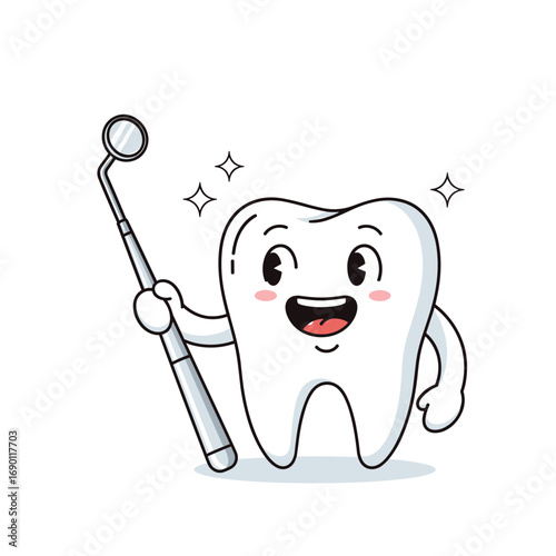 Healthy happy tooth character with dental mirror showing bright sparkles for oral hygiene