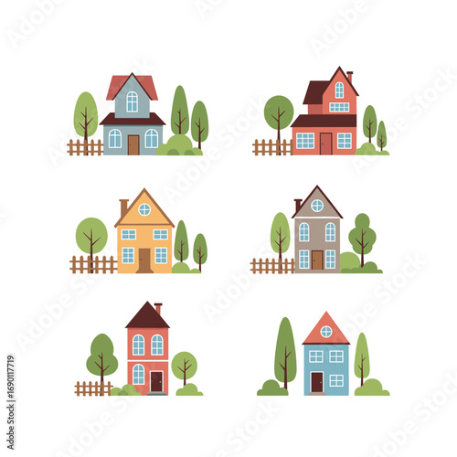Charming neighborhood houses with fences and lush green trees surrounded by nature