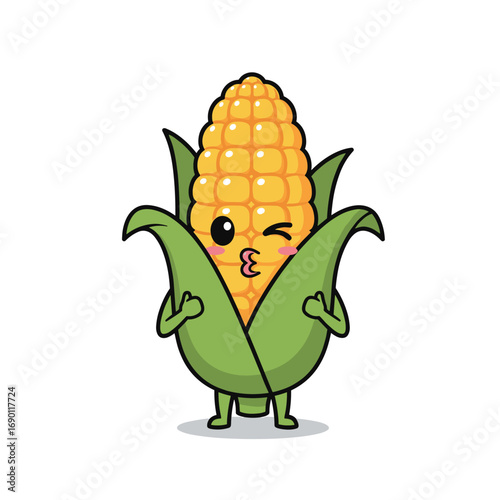 Charming cartoon corn character giving a kissy face with its arms flexed