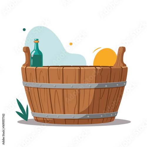 A rustic wooden tub filled with refreshing water and a green bottle standing upright