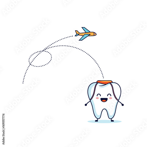 A happy tooth with a small airplane flying above it on a dotted line path