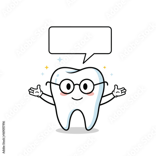 A happy cartoon tooth wearing glasses and a speech bubble above its head