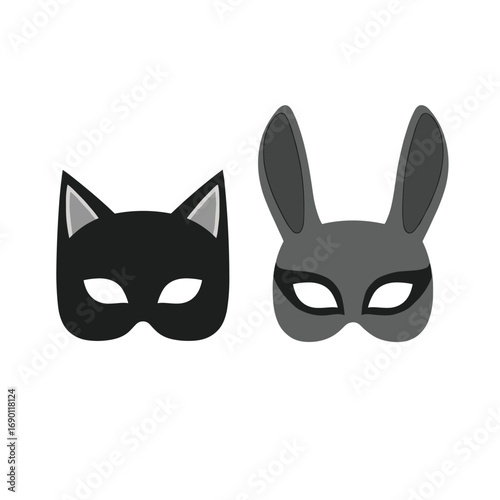 A pair of masks one a black cat mask and the other a gray bunny rabbit mask shown side by side