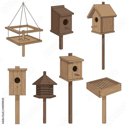 A collection of wooden birdhouses and feeders for outdoor gardens and habitats