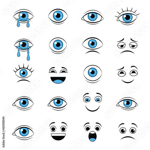Collection of various human eye expressions showing different emotions and reactions