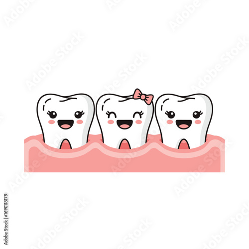 Adorable cartoon teeth with happy faces and a pink bow showing dental health and hygiene practices
