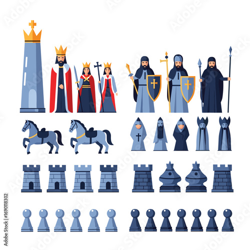 Classic chess set pieces featuring royal figures knights bishops rooks and pawns rendered in pixel art style