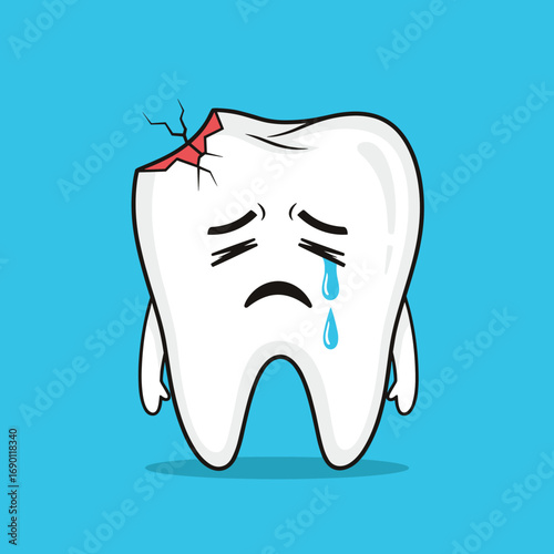 A sad cartoon tooth with a broken top crying blue tears against a blue background