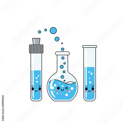 Three cute kawaii science laboratory beakers and test tubes filled with bubbling blue liquid