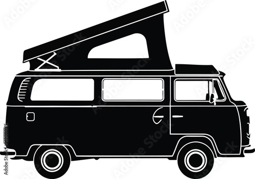 Vintage camper van silhouette pop top roof for outdoor adventures and travel vector