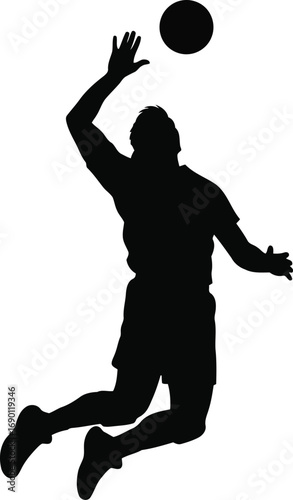 Dynamic silhouette of volleyball player in mid-air executing a powerful spike action shot vector