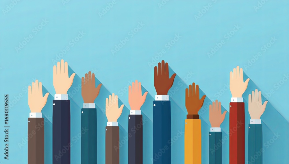 A business-themed, flat icon design of a group of diverse raised hands, This image communicates teamwork and innovation. A business-themed, flat icon design of a group of diverse raised hands, This image communicates teamwork and innovation.