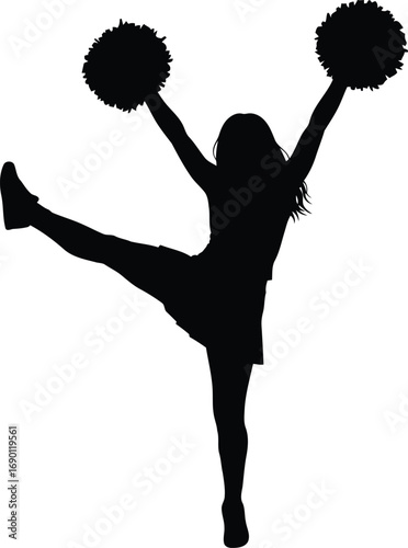 Dynamic silhouette of a cheerleader performing a high kick with pom poms raised vector
