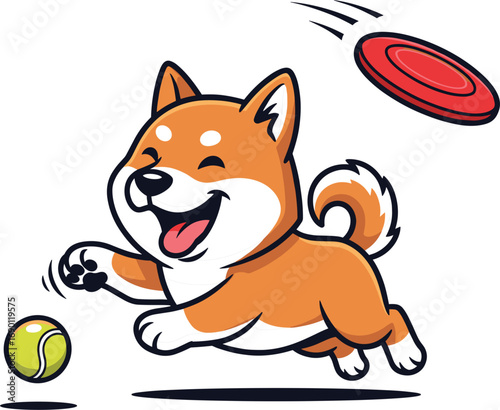 Shiba Inu Dog Running with Frisbee and Ball Vector Design White Background