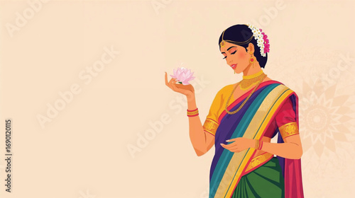 Elegant Indian woman in colorful sari holding lotus, spiritual and cultural heritage vector illustration, Ai generate 