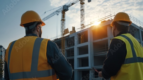 Construction progress monitoring urban development action shot building site sunset view project management insights for seo impact