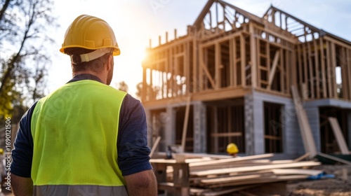 Construction worker overseeing new building project at sunset urban development site photography warm environment side view progress