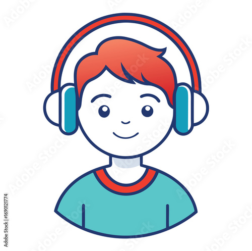 A boy with headphones avatar icon. A young man listening to music.