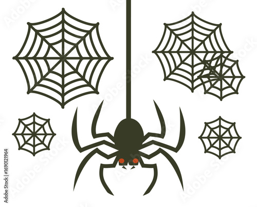 ハロウィン用のクモのシルエットとクモの巣のイラストセット/Halloween Spider and Spider Web Silhouette Illustration Set