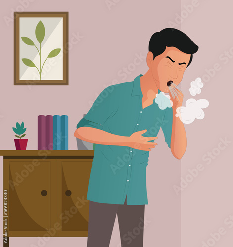 Young man at home, holding his hand to his chest, covering his mouth with his hand and coughing Vector.eps