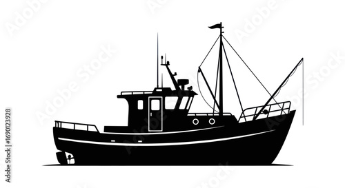 Classic Fishing Boat Silhouette Illustration - A Traditional Vessel for Commercial Fishing.