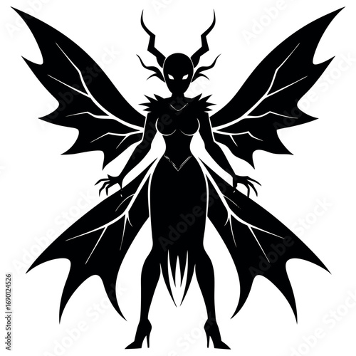 Silhouette of a dark fairy with horns and wings