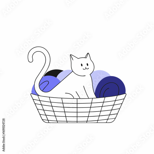 Cat sitting in a basket with colorful yarn balls in it  