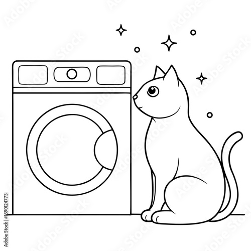 Cat sitting next to washing machine with sparkles around it  