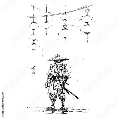 Cyberpunk samurai warrior illustration with katana sword and futuristic lanterns digital art concept design