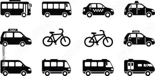 Black transportation icons including buses, taxis, bicycles, vans, city vehicles, public transport, urban mobility, travel, commuter transport symbols